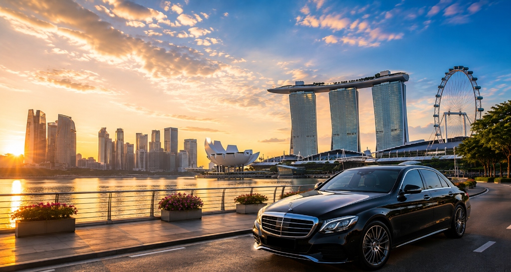 Singapore Marina Bay Sands skyline with luxury Mercedes private chauffeur vehicle at sunset